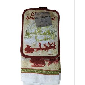 Vintage Franco Christmas Kitchen Towel Dishcloth Potholder Reindeer Sleigh Set